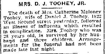 Catherine Maloney Toohey - Obituary.jpg - 1918 Catherine Maloney Toohey (1891-1918). Daughter of Martin Maloney and Catherine Thomas Maloney.